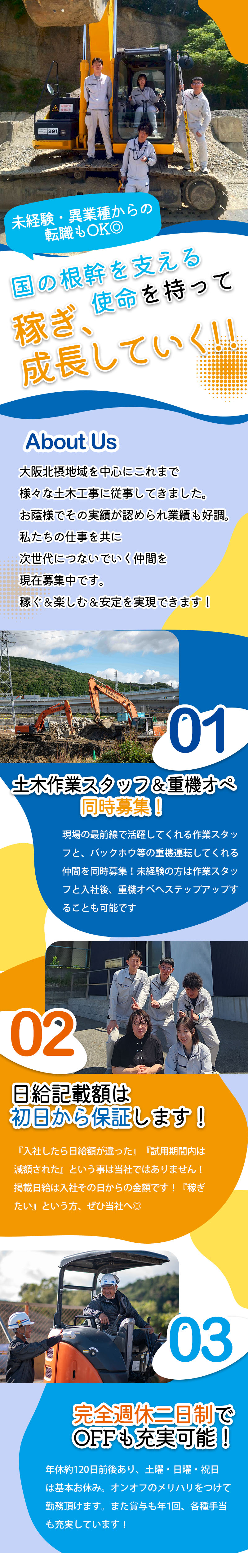 【土木工事スタッフ　求人募集】-大阪府高槻市-　日給16,000円以上保証!勤務初日から高日給を実現します