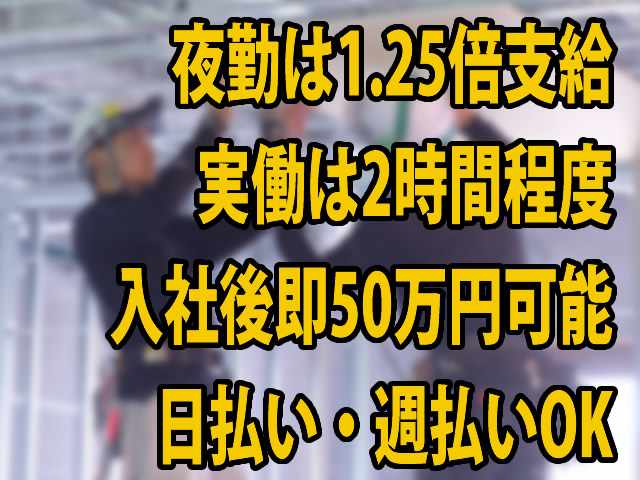 【軽天・ボード工 求人募集】-堺市西区- 夜勤なら2時間の作業で日給15000円!?稼ぎたい方大募集!